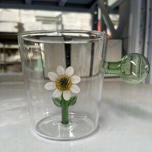 300ml Lot Of 2 3D Glass Cup With Sphere Handle or Juice Milk Tea - Sunflower